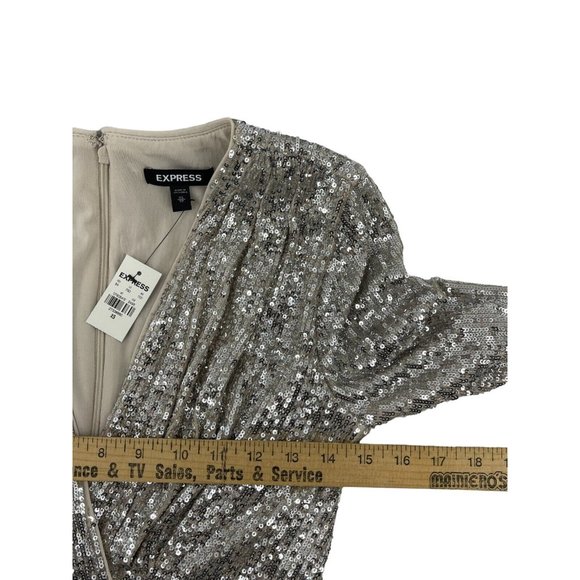 NWT Express Women's Long Sleeve Silver Sequin V Neck Cocktail Party Dress XS - Picture 12 of 15